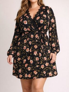 175. ASOS Black Floral Pleated Wrap Dress — Lace Trim — Size 16 (NWT)